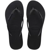 Ojotas Havaianas modelo Slim Sparkle color negro, con tiras finas decoradas con glitter y logo de la marca en relieve.
