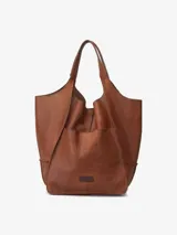 Bolso shopper de cuero vacuno lavado, color marrón, con cierre de botón y un bolsillo frontal.