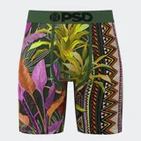 Calzoncillos bóxer PSD con estampado de hojas tropicales y motivos geométricos aztecas.