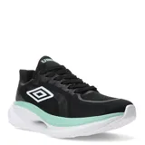 Championes deportivos Umbro modelo Aerorun, color negro con detalles en verde menta y suela blanca. Presentan diseño de malla transpirable, cierre con cordones y logo de la marca en el lateral.