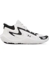 Championes de básquetbol Under Armour modelo Jet 25, con diseño en blanco y negro. Presentan una parte superior de materiales mixtos para mayor durabilidad y transpirabilidad, cuello acolchado para sujeción y entresuela Micro G® para una pisada reactiva.