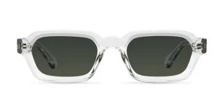 Lentes de sol con montura cuadrada transparente y cristales verdes polarizados. Presentan un diseño de estilo retro con la parte superior plana y protección UV400.