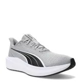 Championes de running Puma Dasher Lite, color gris con detalles en negro y suela blanca. Presentan un diseño de malla transpirable, cierre con cordones y el logo de la marca en el lateral.