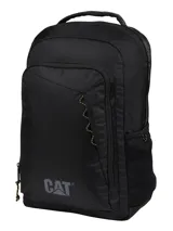 Mochila Cat modelo Explorer Advanced, color negro, con compartimento principal amplio, bolsillo frontal con organizador y bolsillos laterales de malla. Presenta detalles en cordón amarillo y logo reflectante.