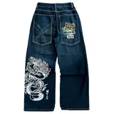 Pantalón jean azul oscuro, corte baggy, tiro medio y estampado con serigrafía de dragón, texto y símbolos.