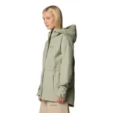 Campera impermeable larga Columbia, color verde claro, con capucha ajustable, cierre frontal con solapa protectora, cintura ajustable con cordón y bolsillos laterales con cierre.