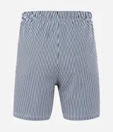 Pijama corto masculino de algodón, compuesto por una remera azul marino con estampado de Bob Esponja y un short a rayas blancas y grises con cintura elástica.