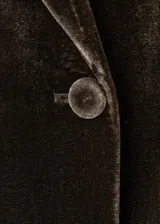Blazer de terciopelo color marrón oscuro, con cuello de solapa, cierre frontal de doble botonadura y bolsillos con solapa. Presenta un diseño recto y forro interior.