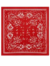 Pañuelo fucsia con diseño paisley y bordes estampados en blanco.