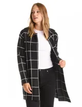 Cardigan de tejido de punto con diseño de cuadros, cuello con solapa y abertura frontal. Presenta un corte recto y mangas largas.