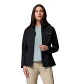 Campera softshell híbrida Columbia, modelo Trailborne, color negro, con capucha, cierre frontal y bolsillos con cremallera. Incorpora tecnología Omni-Shield de repelencia al agua y a las manchas.