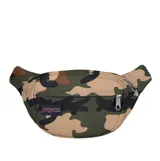 Riñonera Jansport modelo Fifth Avenue con estampado camuflado en tonos verde militar, marrón, beige y negro. Cuenta con un compartimento principal con cierre, un bolsillo frontal con cierre y correa ajustable.