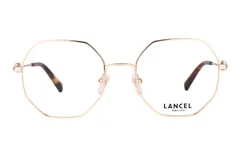 Lentes de receta Lancel con armazón metálico de diseño geométrico hexagonal en color dorado y patillas con terminales en carey.