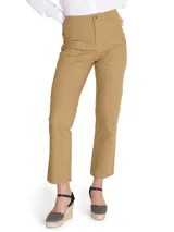 Pantalón de pierna recta y tiro alto RKF modelo Isis, de color beige, con prácticos bolsillos estilo carpintero.