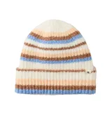 Gorro tipo beanie de lana con diseño de rayas horizontales en tonos crema, marrón y azul. Presenta una textura acanalada y una pequeña etiqueta lateral con el logo de la marca.