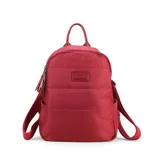 Mochila capitoneada color verde militar, confeccionada en nylon. Tiene apertura superior con cierre y tiradores metálicos, bolsillos internos, bolsillo frontal con cierre metálico, correa corta de mano y correas de galón regulables para colgar en la espalda.