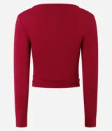 Blusa cropped deportiva femenina Get Over, confeccionada en microfibra de poliamida y elastano, de color fucsia, con escote cuadrado, manga larga y puños con abertura para pulgar.