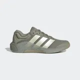 Championes de entrenamiento Adidas Dropset 4 Power, color gris con detalles en blanco. Diseñados para levantamiento de pesas y entrenamiento funcional, cuentan con tecnología Repetitor para retorno de energía, pods Geofit en el talón y suela de caucho Continental para mayor agarre.