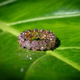 Anillo de acero con acabado en oro rosa, con cristales ovalados rosas engarzados en todo el contorno.