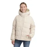Campera puffer O'Neill color beige, con diseño acolchado, capucha forrada con interior de peluche, cierre frontal con botones a presión, bolsillos laterales y puños elastizados.