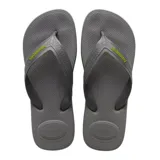 Chancletas Havaianas Top Max Comfort de color gris, con tiras anchas texturizadas y detalle de la marca en tono verde lima.