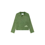 Sweater polo de punto de Eme Studios en tono verde melange, con diseño efecto gastado, cuello solapa y escote en V. Cuenta con mangas largas holgadas y el logo de la marca estampado en blanco en el lateral inferior.