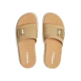 Sandalia Merrell modelo Fleur Slide de color tostado, con capellada de cuero de grano completo, tira ajustable con hebilla y plantilla revestida de corcho.