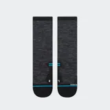 Medias deportivas Stance modelo Run Light Crew, color gris melange con puntera, talón y puño negro, y detalles en celeste. Diseñadas con tecnología FreshTek para control de humedad.