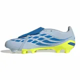 Championes de fútbol Adidas Predator League Ft Fg, color celeste con lengüeta plegable azul y detalles en amarillo neón. Diseño técnico con tecnología Nanostrike para mayor control y precisión en el campo.