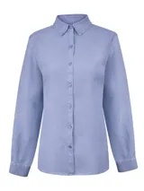 Blusa manga larga de RKF en color celeste, con cuello camisero clásico y cierre frontal de botones a tono.