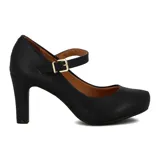 Zapato de tacón alto Vizzano color beige, estilo Mary Jane con tira ajustable en el empeine mediante hebilla metálica dorada, taco ancho y punta redondeada.