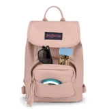 Mochila JanSport Highlands Mini Pack color rosa con logo de la marca en el frente. Tiene un compartimento principal, un bolsillo frontal con cierre y acceso rápido con cordón ajustable.