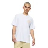 Remera de manga corta color blanco, con cuello redondo y diseño de estampado circular pequeño en el pecho en tonos naranja.