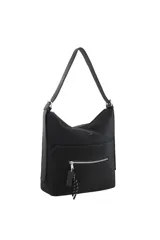 Cartera tipo hobo de cuero sintético beige, con bolsillo frontal con cierre, tira con cordón decorativo y herrajes plateados.
