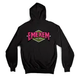 Canguro blanco de algodón con capucha, cordones ajustables, bolsillo tipo canguro y puños y cintura acanalados. Estampado pequeño en el pecho con diseño geométrico en rosa y verde.