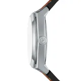 Reloj Fossil Everett con caja plateada de acero inoxidable y esfera azul con patrón texturizado. Tiene agujas y marcadores dorados, indicador de fecha y correa de cuero marrón.