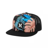 Gorra Hurley tipo trucker con visera plana, paneles frontales estampados con diseño de hojas tropicales en tonos celeste, naranja y marrón, logo de la marca en blanco y paneles traseros de malla negra.