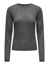Sweater de manga larga con cuello redondo, confeccionado en tejido acanalado con diseño de rayas verticales finas en tono gris.