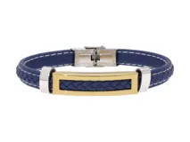 Pulsera de cuero trenzado color azul con costuras blancas, detalles de acero plateado y barra central con baño de oro.