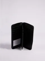 Billetera negra con cierre de poliéster y poliuretano.