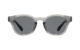 Lentes de sol unisex de acetato gris translúcido con forma redonda y lentes grises.