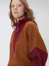 Pullover de tejido acanalado grueso con diseño bicolor en tonos marrón y bordó. Presenta cuello alto con cierre frontal, mangas largas y corte holgado.