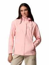 Campera impermeable Columbia modelo Arcadia II, color rosado, con tecnología Omni-Tech, costuras selladas, capucha ajustable, cierre frontal con solapa, bolsillos laterales con cierre y forro de malla transpirable.