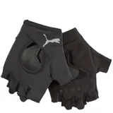 Guantes deportivos Puma sin dedos, diseñados para entrenamiento, con paneles de malla transpirable en el dorso y palma acolchada con puntos de agarre. Incluyen el logo de la marca estampado en el dorso.