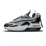 Championes Nike Air Max Furyosa con diseño técnico y vanguardista. Presentan una combinación de malla transpirable y paneles superpuestos en tonos gris, negro y blanco. Destacan por su sistema de doble unidad Air Max visible en la entresuela, cordones decorativos y una estructura robusta con suela de goma dentada.