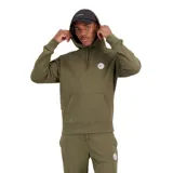 Canguro verde militar con capucha y cordones ajustables, bolsillo tipo canguro y logo de New Balance estampado en el pecho.