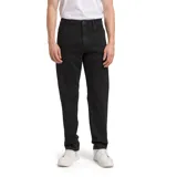 Jeans de corte recto y tiro medio, confeccionados en denim negro con acabado stone wash. Presenta diseño clásico de cinco bolsillos, cierre con cremallera y detalles de marca como remaches con logo y parche trasero.