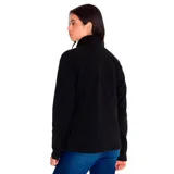 Campera polar negra para mujer, con cierre frontal completo, cuello alto y mangas largas. Presenta un bolsillo vertical con cierre en el pecho de color lila, con logo de la marca.