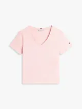 Remera Tommy Hilfiger de mezcla de lino y algodón, color rosado, con escote en V y mangas cortas de corte regular.