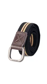 Cinto de tela canvas azul marino con galón de rayas blancas y celestes, hebilla doble metálica color peltre y terminaciones en símil cuero marrón.